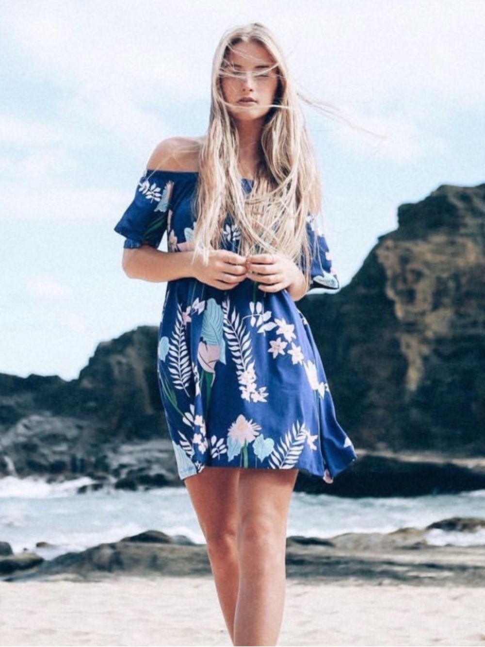 Ava Sky Blue Floral Off-Shoulder Mini Dress